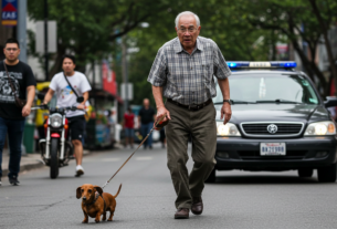 A curious dog sniffing the ground on a dirty street with broken glass and trash. Realistic style, muted colors, focus on the dog's expression