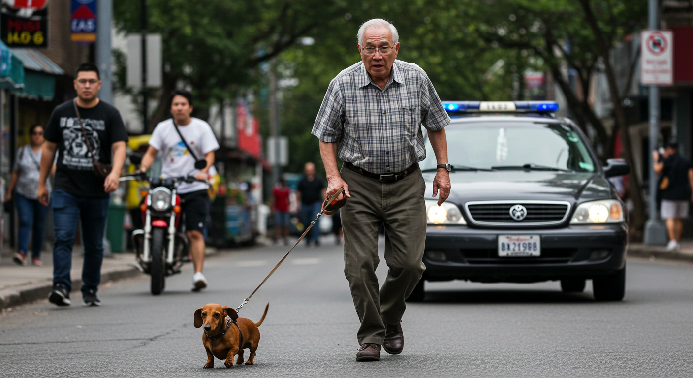 A curious dog sniffing the ground on a dirty street with broken glass and trash. Realistic style, muted colors, focus on the dog's expression