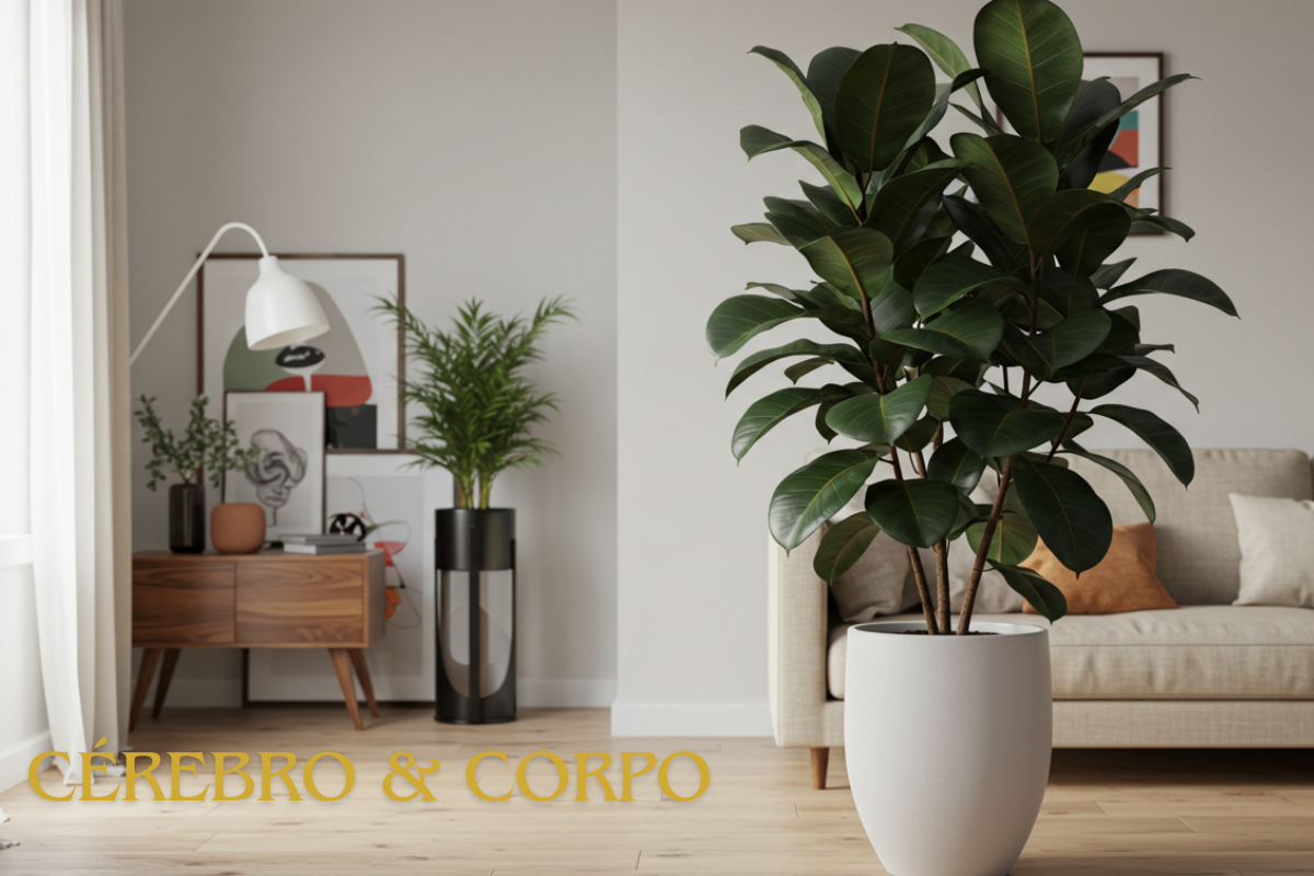 Ficus Lyrata em um vaso moderno, com folhas grandes e exuberantes